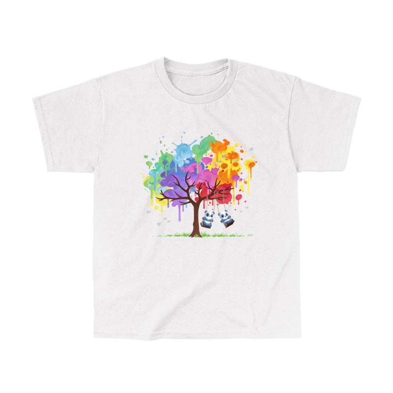 Classic Cotton T-shirt_TeeTurtle Rainbow Panda Pals white t-shirt featuring two pandas swinging on a tree with multicolored paint splatters as leaves.