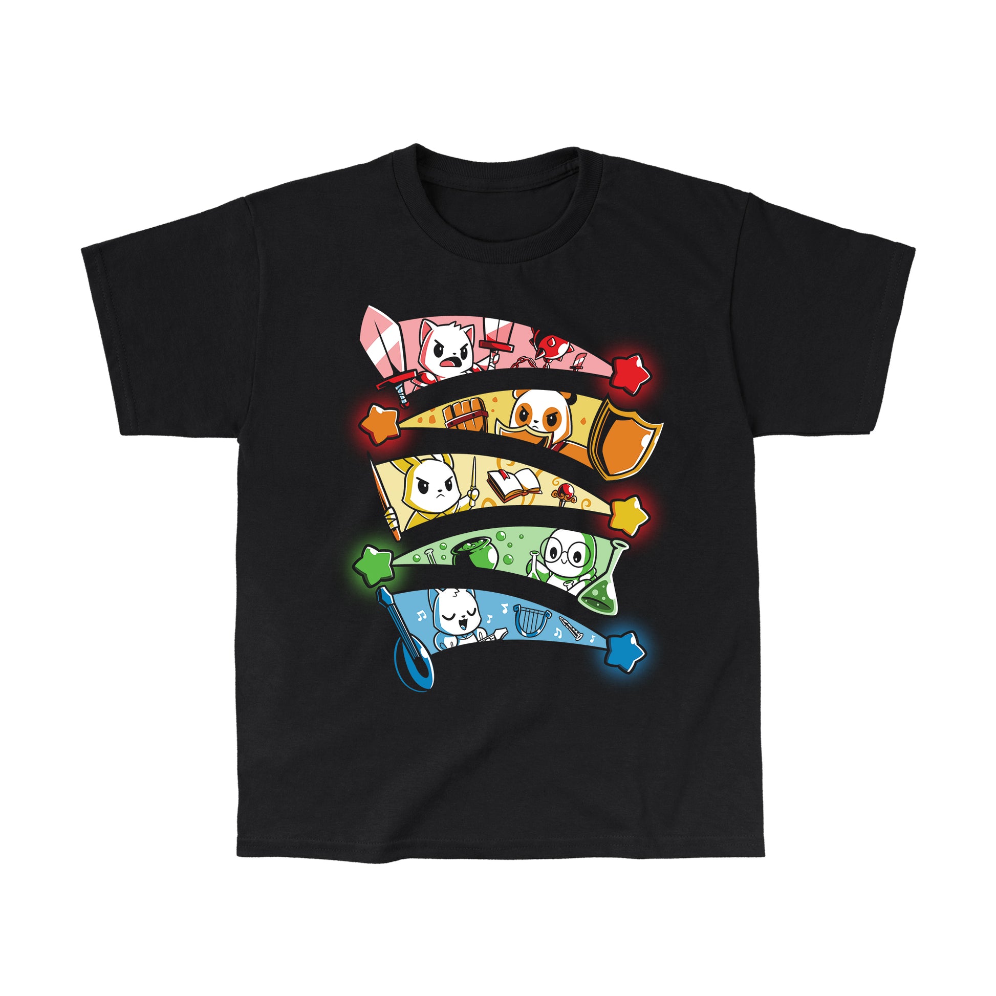 Classic Cotton T-shirt_Teeturtle Rainbow Party Animals black t-shirt featuring a cat, a panda, a bunny, a turtle and a squirrel, each of a different RPG class framed in the different rainbow-colored trails of a star against a black background.