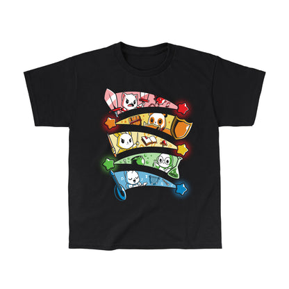 Classic Cotton T-shirt_Teeturtle Rainbow Party Animals black t-shirt featuring a cat, a panda, a bunny, a turtle and a squirrel, each of a different RPG class framed in the different rainbow-colored trails of a star against a black background.