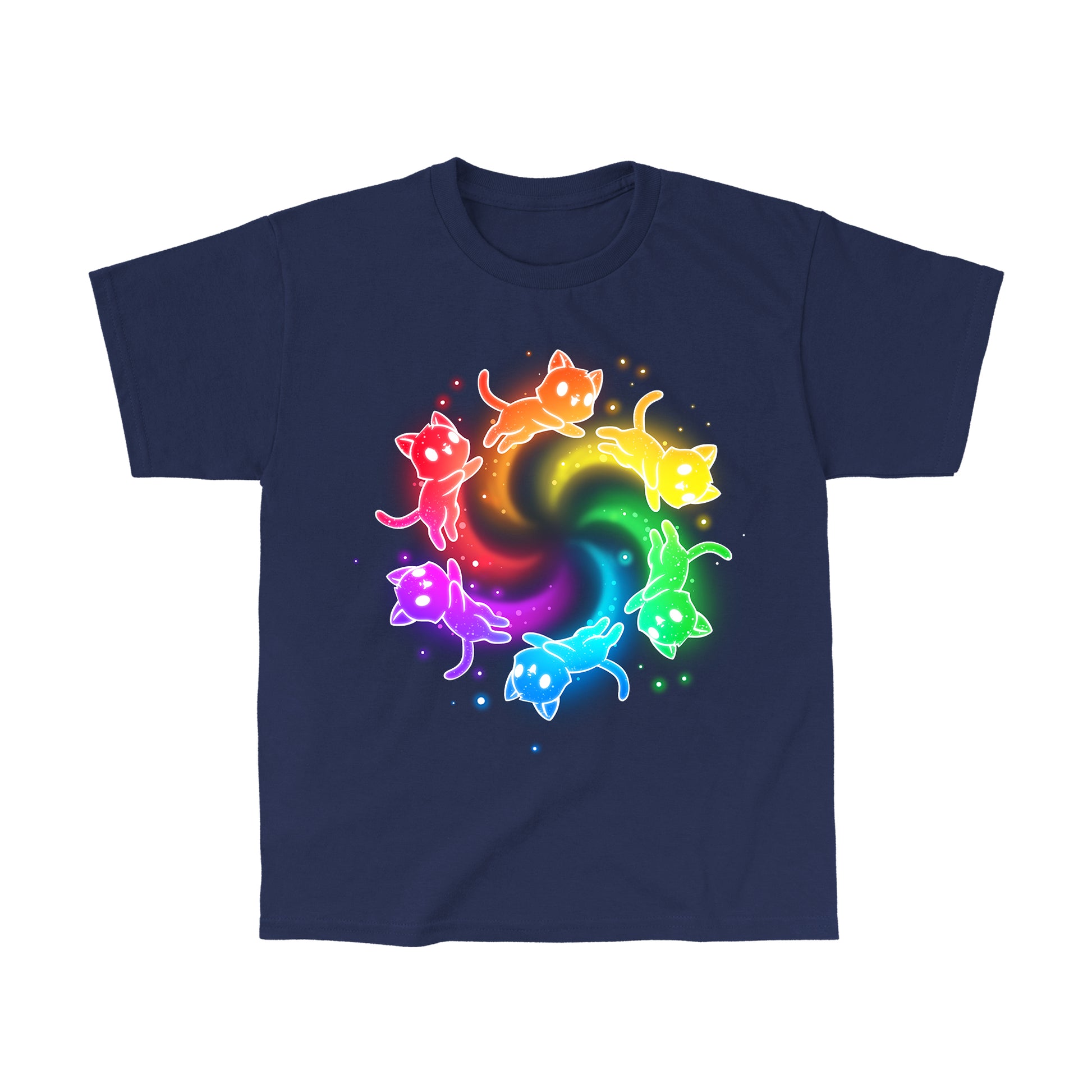 Classic Cotton T-shirt_TeeTurtle navy blue Rainbow Space Cats apparel featuring rainbow cats running in a circle trailing sparkles.