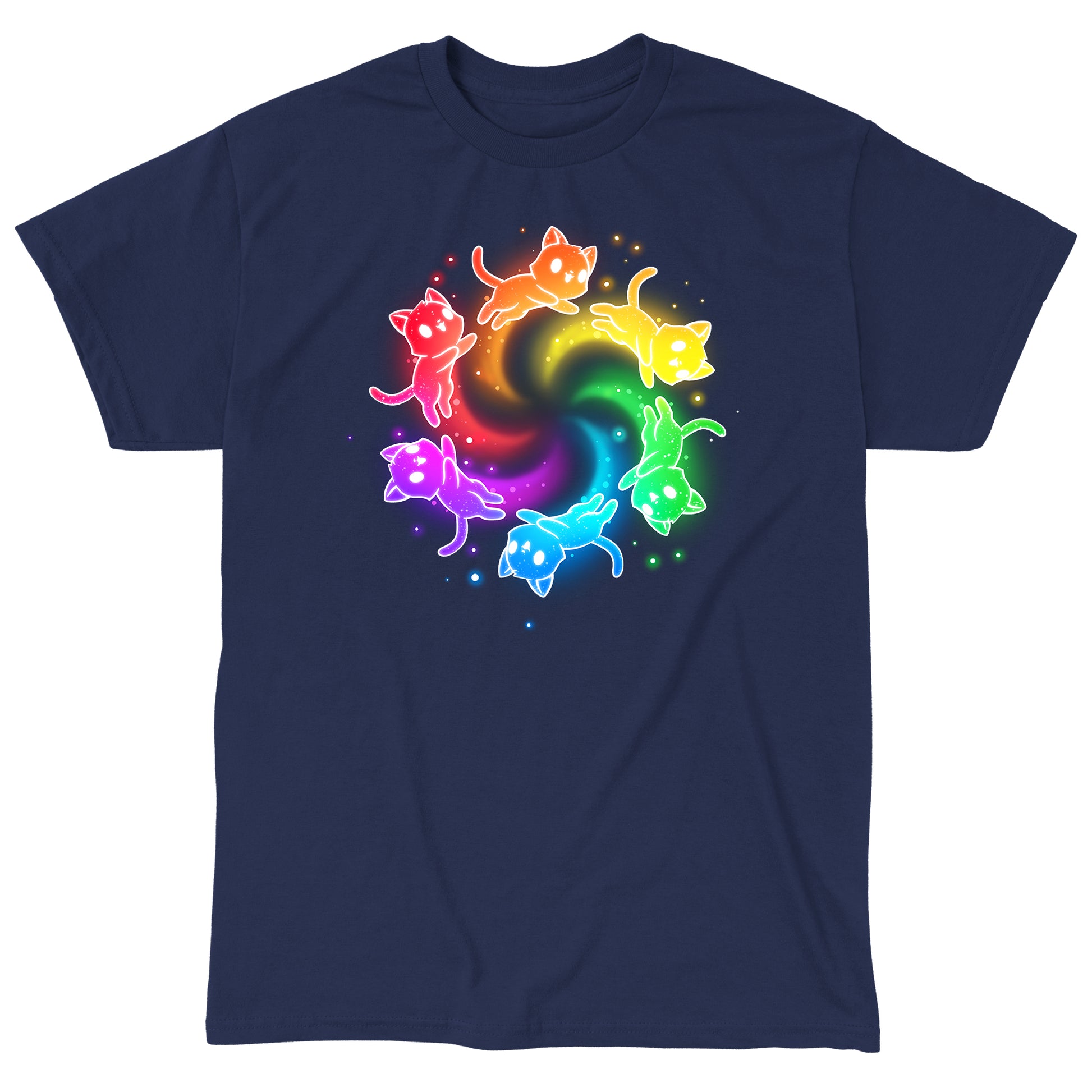 Classic Cotton T-shirt_TeeTurtle navy blue Rainbow Space Cats apparel featuring rainbow cats running in a circle trailing sparkles.