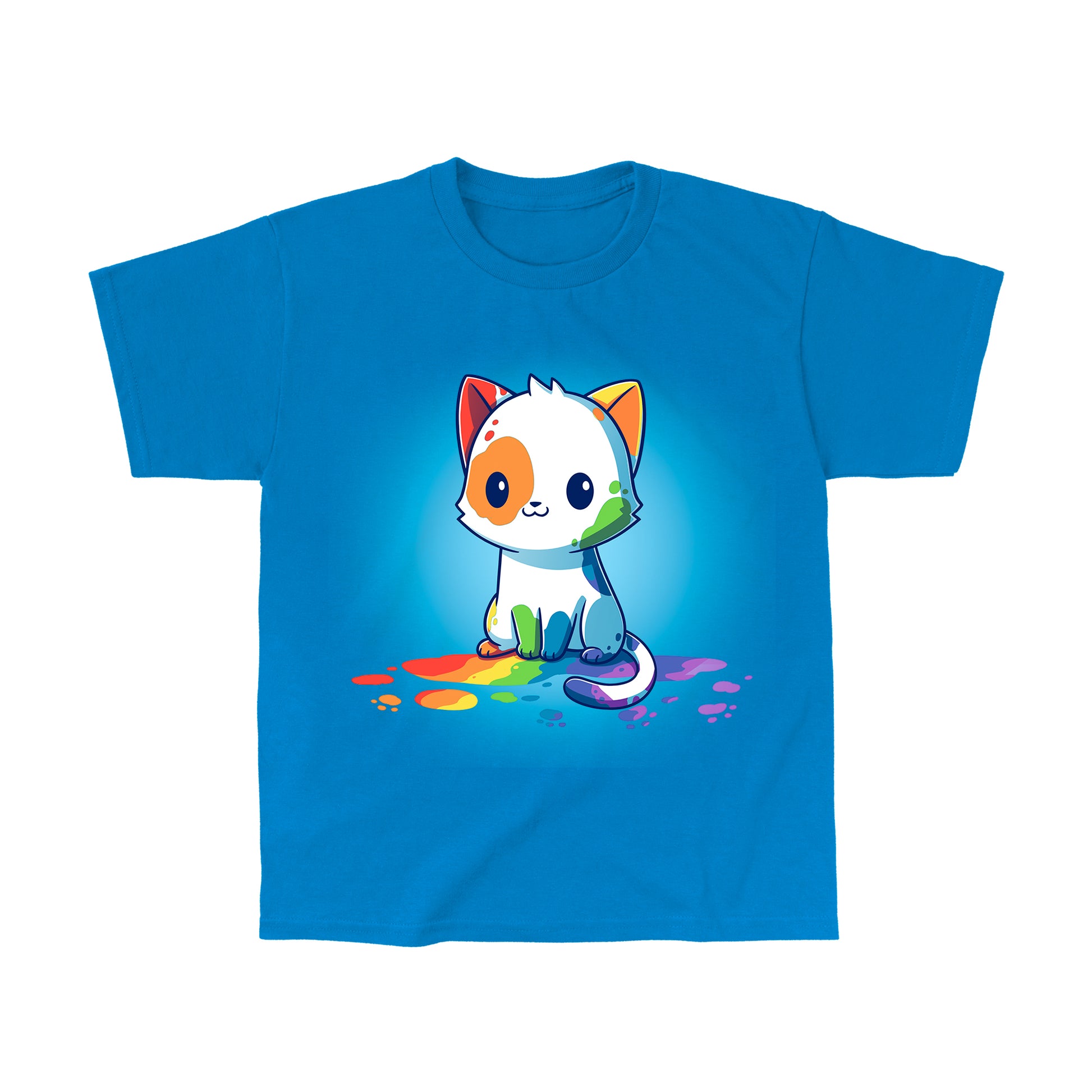 Classic Cotton T-shirt_TeeTurtle Rainbow Cat Sapphire Blue t-shirt featuring an illustration of a white cartoon kitten with colorful paint splashes on its body, sitting on a floor with rainbow-colored paint drops around it. 