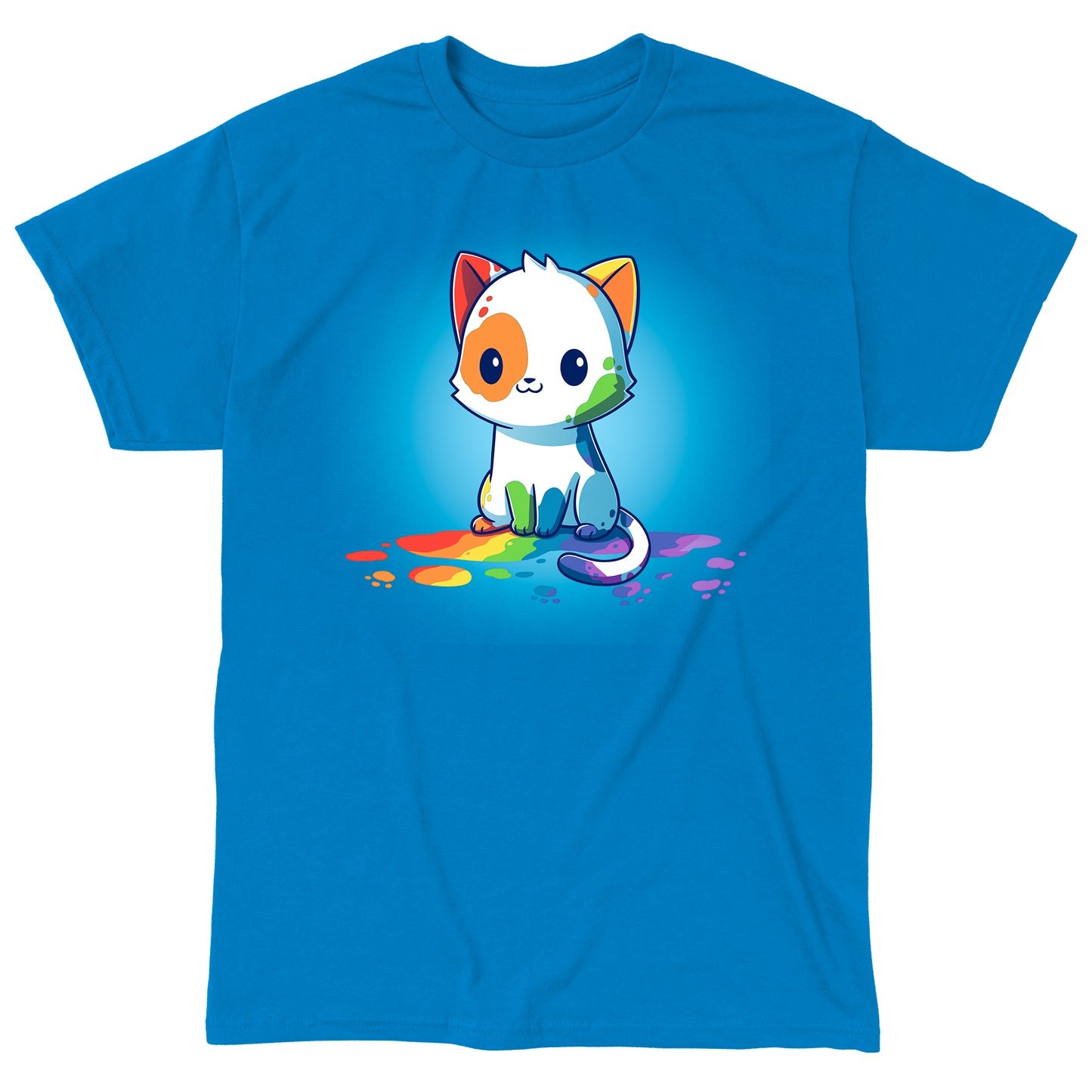 Classic Cotton T-shirt_TeeTurtle Rainbow Cat Sapphire Blue t-shirt featuring an illustration of a white cartoon kitten with colorful paint splashes on its body, sitting on a floor with rainbow-colored paint drops around it. 