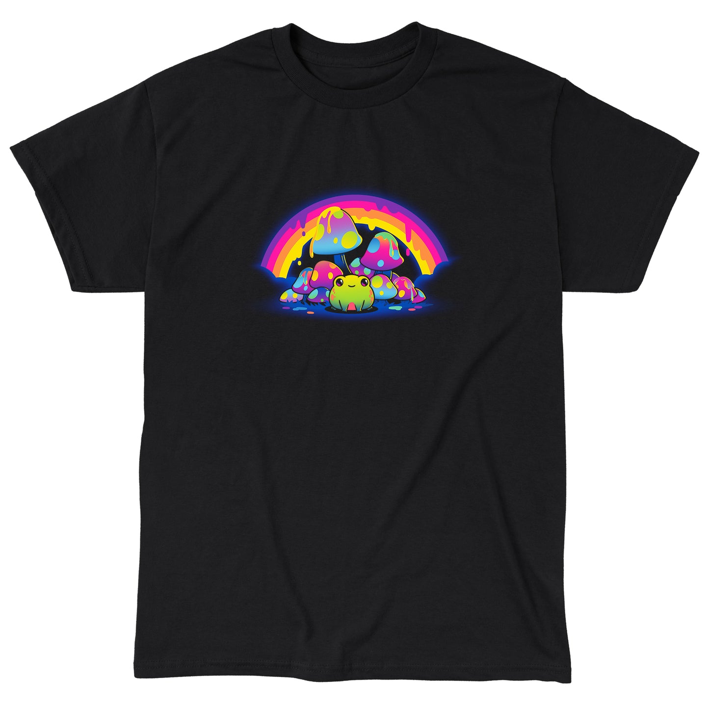 Classic Cotton T-shirt_TeeTurtle Rainbow Drip black t-shirt featuring a smiling frog sitting among colorful, spotted mushrooms with a dripping rainbow arching overhead.