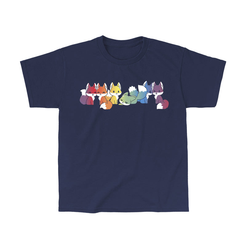 Classic Cotton T-shirt_Illustration of seven cartoon foxes in a line, each in a different color: red, orange, yellow, green, blue, indigo, and purple against a dark background on a Navy Blue apparel from monsterdigital's Rainbow Foxes collection.