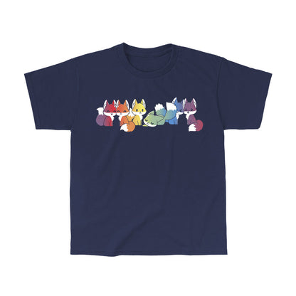 Classic Cotton T-shirt_Illustration of seven cartoon foxes in a line, each in a different color: red, orange, yellow, green, blue, indigo, and purple against a dark background on a Navy Blue apparel from monsterdigital's Rainbow Foxes collection.