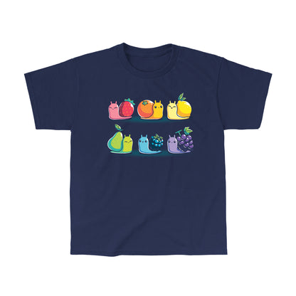 Classic Cotton T-shirt_TeeTurtle Rainbow Fruit Snails navy blue t-shirt featuring six colorful rainbow fruit snails with fruit shells: strawberry, orange, lemon, pear, blackberry, and grape.