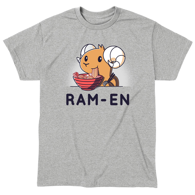 Classic Cotton T-shirt_TeeTurtle Ram-en heather gray t-shirt featuring a ram eating a bowl of ramen. The text reads "Ram-en."