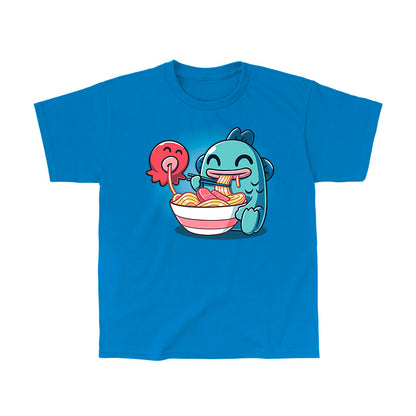 Classic Cotton T-shirt_TeeTurtle sapphire blue Ramen Hangyodon apparel featuring the Sanrio characters  Hangyodon and Sayuri eating a large bowl of ramen.