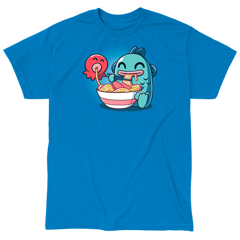 Classic Cotton T-shirt_TeeTurtle sapphire blue Ramen Hangyodon apparel featuring the Sanrio characters  Hangyodon and Sayuri eating a large bowl of ramen.