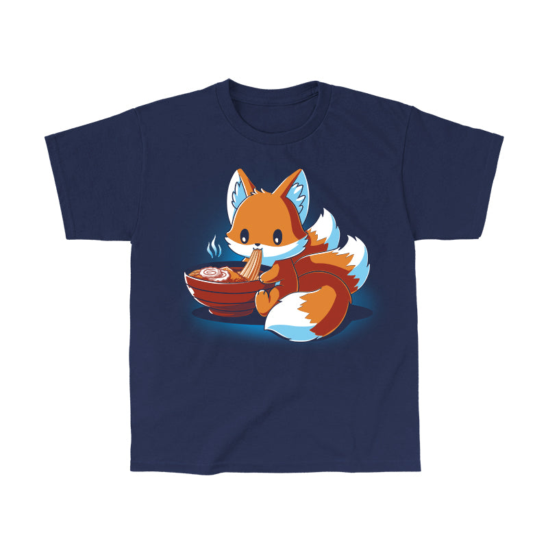 Classic Cotton T-shirt_A cartoon fox, known as the Ramen Kitsune, is sitting and eating noodles from a bowl, holding the noodles with its paws. Steam rises from the bowl. This charming scene is printed on a super soft ringspun cotton navy blue monsterdigital Ramen Kitsune apparel.