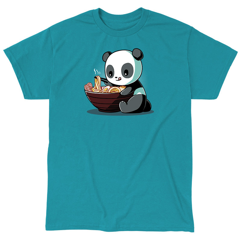 Classic Cotton T-shirt - Illustration of a Ramen Panda eating noodles from a large bowl with chopsticks in its right hand, set against a teal background on a Caribbean Blue apparel by monsterdigital.