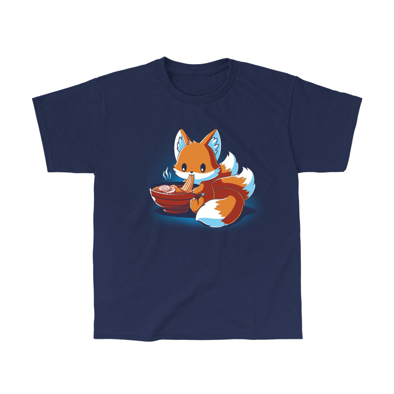 Classic Cotton T-shirt_A cartoon fox, known as the Ramen Kitsune, is sitting and eating noodles from a bowl, holding the noodles with its paws. Steam rises from the bowl. This charming scene is printed on a super soft ringspun cotton navy blue monsterdigital Ramen Kitsune apparel.