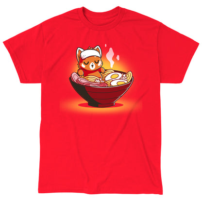 Classic Cotton T-shirt_TeeTurtle Ramen Red Panda red t-shirt featuring a relaxed red panda in a bowl of steaming ramen.