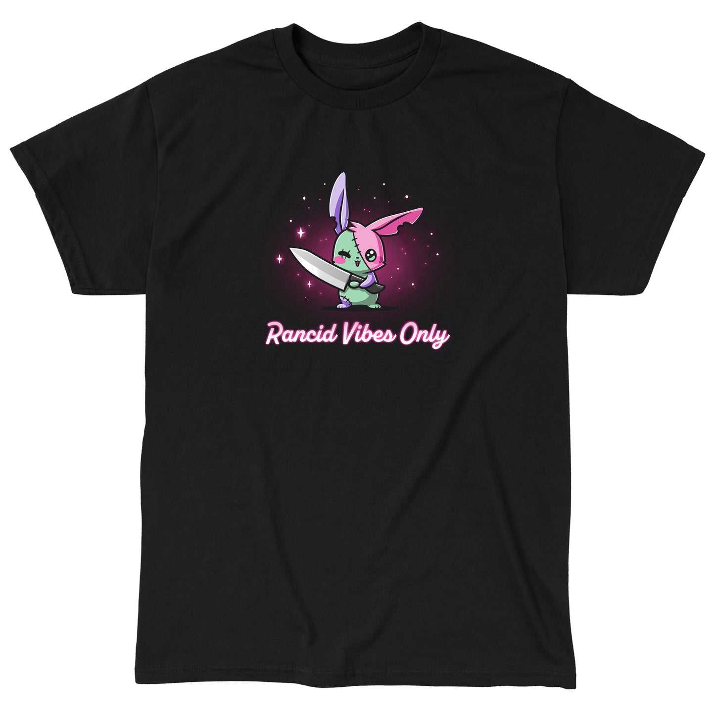 Classic Cotton T-shirt_TeeTurtle black Rancid Vibes Only. Featuring a patchwork bunny holding a large knife.