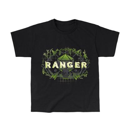 Classic Cotton T-shirt_TeeTurtle Ranger Class black t-shirt featuring an artistic "Ranger" word in front of a D20 dice with arrows going through and trees around it.