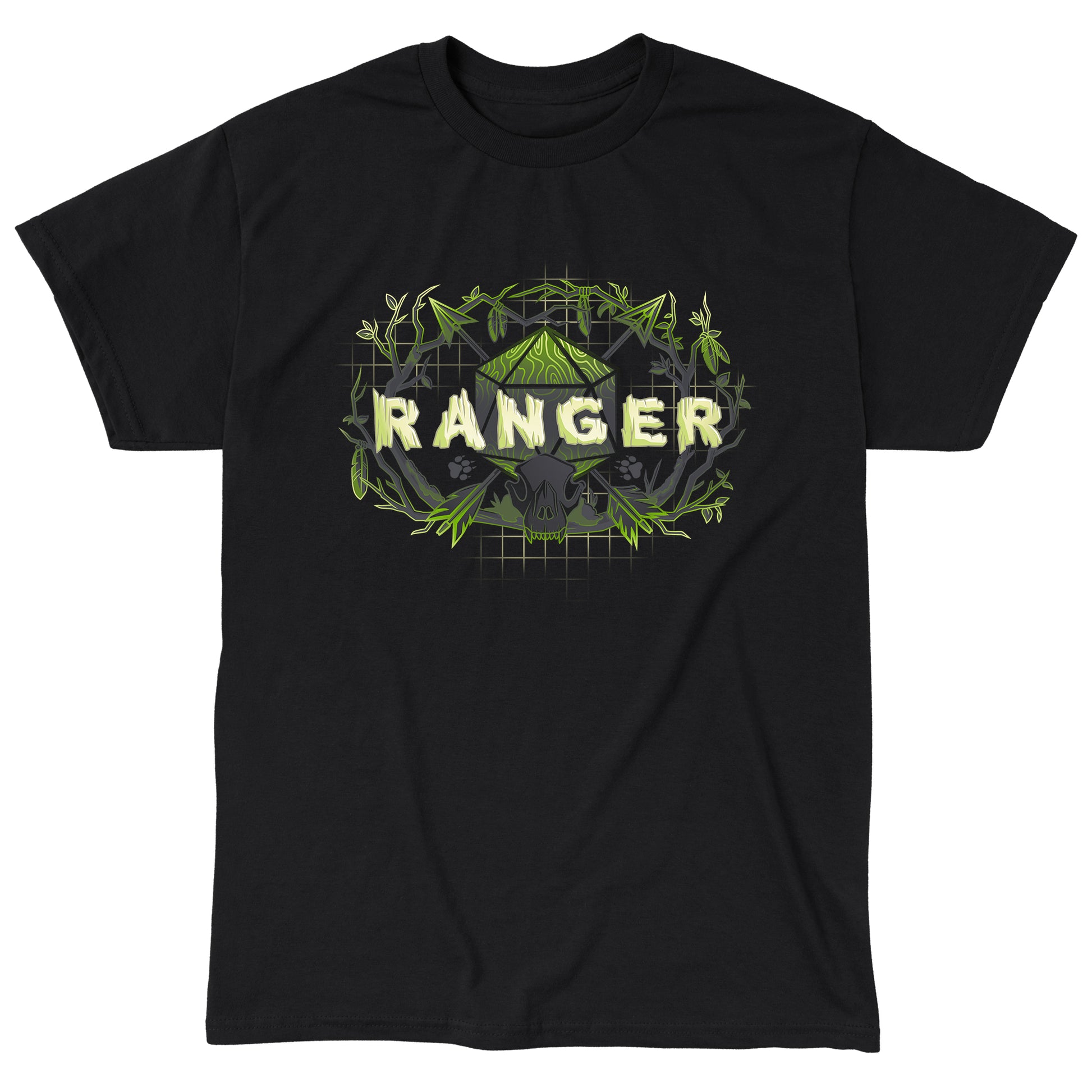 Classic Cotton T-shirt_TeeTurtle Ranger Class black t-shirt featuring an artistic "Ranger" word in front of a D20 dice with arrows going through and trees around it.