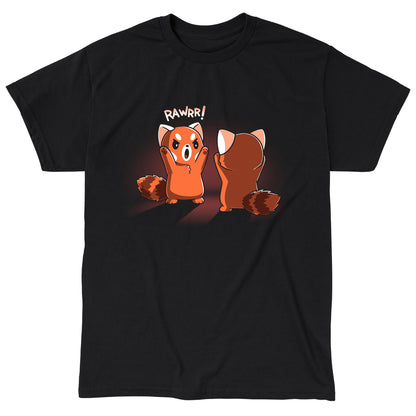 Classic Cotton T-shirt_TeeTurtle Rawrr! black t-shirt featuring red pandas standing facing each other, with one raising its paws and saying "RAWRR!" in a playful manner. 