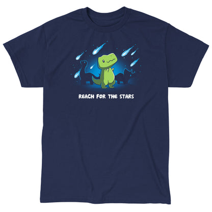 Classic Cotton T-shirt_TeeTurtle Reach For The Stars (T-Rex) Navy Blue t-shirt featuring a dinosaur under a night sky with comets