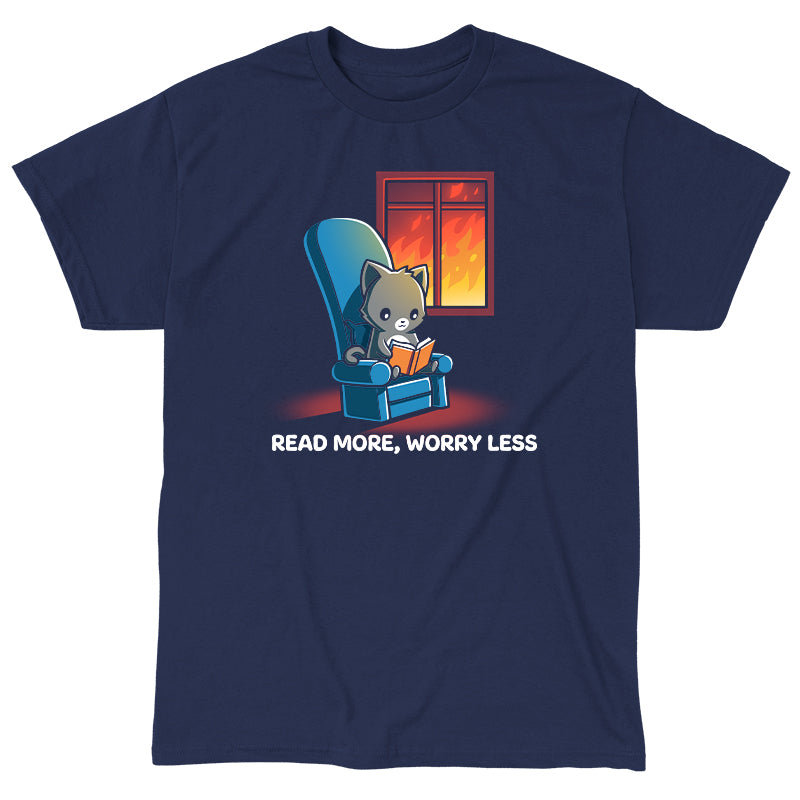 Classic Cotton T-shirt_TeeTurtle navy blue Read More, Worry Less. Featuring a cat reading indoors while the world outside is on fire.