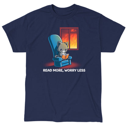 Classic Cotton T-shirt_TeeTurtle navy blue Read More, Worry Less. Featuring a cat reading indoors while the world outside is on fire.