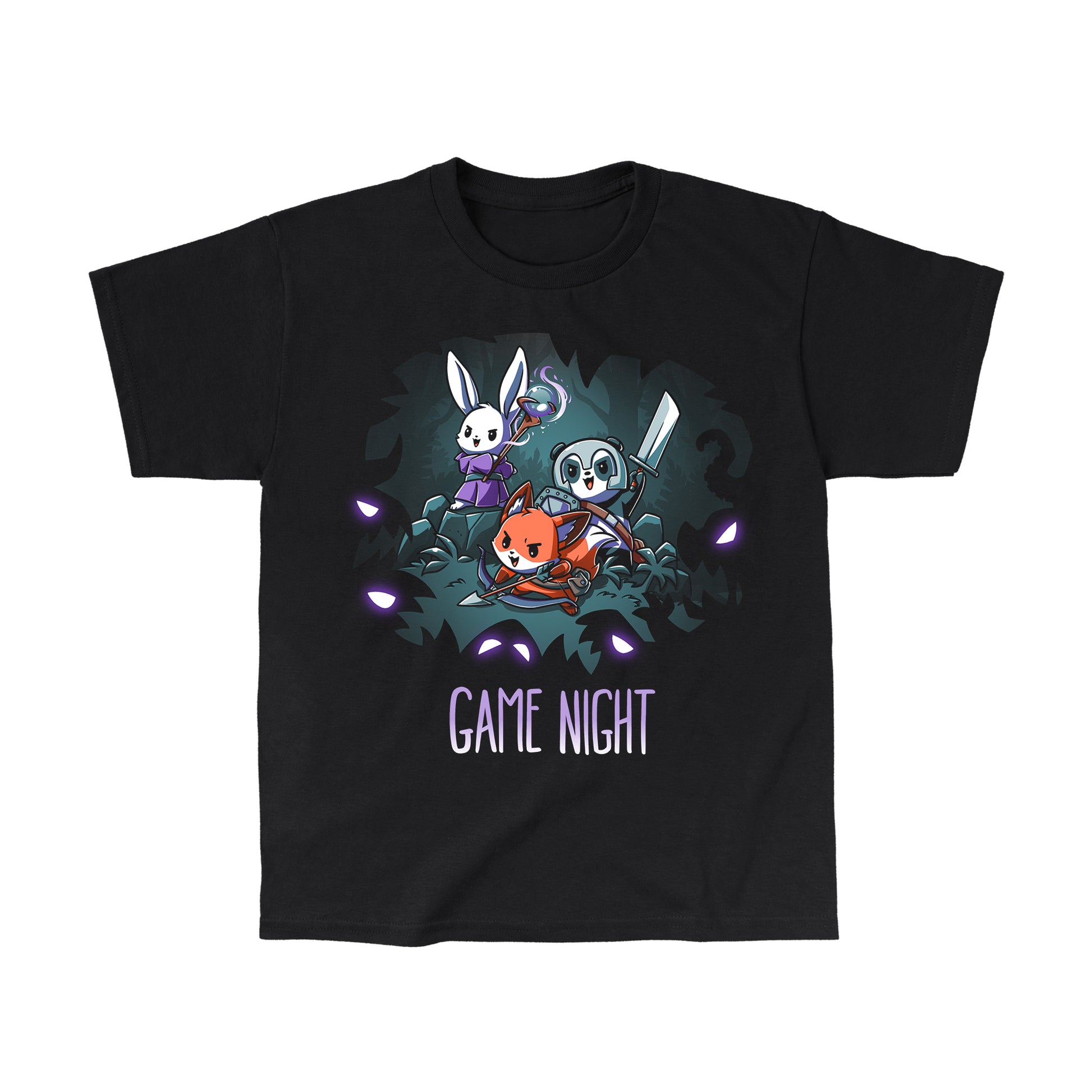 Classic Cotton T-shirt_TeeTurtle Ready for Game Night black t-shirt featuring a rabbit, panda, and fox in fantasy costumes, holding a staff, sword, and arrow respectively, surrounded by glowing eyes in the dark forest. Text at the bottom reads "Game Night". 