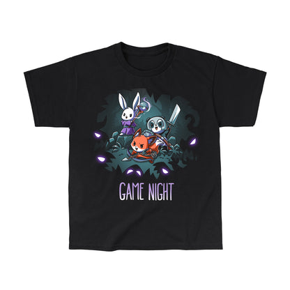 Classic Cotton T-shirt_TeeTurtle Ready for Game Night black t-shirt featuring a rabbit, panda, and fox in fantasy costumes, holding a staff, sword, and arrow respectively, surrounded by glowing eyes in the dark forest. Text at the bottom reads "Game Night". 