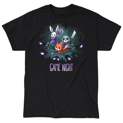 Classic Cotton T-shirt_TeeTurtle Ready for Game Night black t-shirt featuring a rabbit, panda, and fox in fantasy costumes, holding a staff, sword, and arrow respectively, surrounded by glowing eyes in the dark forest. Text at the bottom reads "Game Night". 