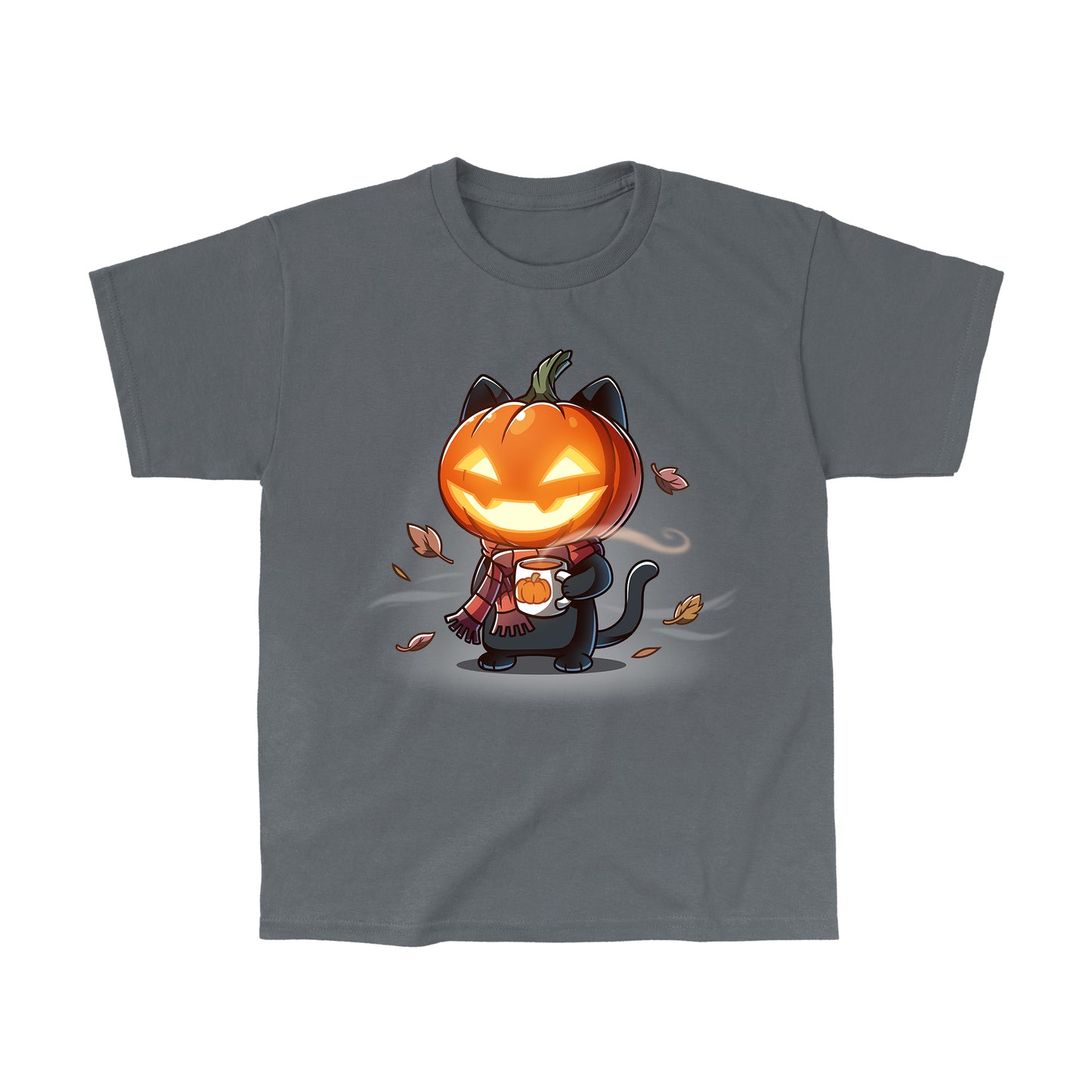 Classic Cotton T-shirt_TeeTurtle charcoal gray Ready for Fall featuring a cat wearing a scarf, pumpkin, and holding a cup of coffee.