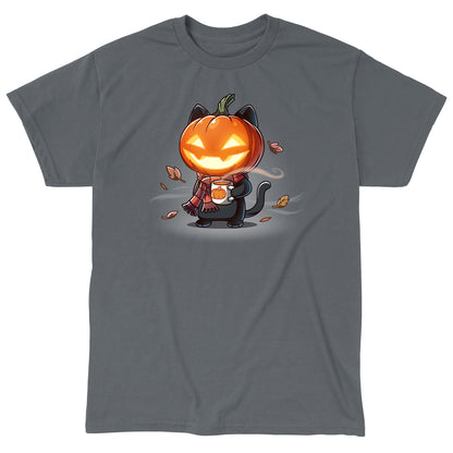 Classic Cotton T-shirt_TeeTurtle charcoal gray Ready for Fall featuring a cat wearing a scarf, pumpkin, and holding a cup of coffee.