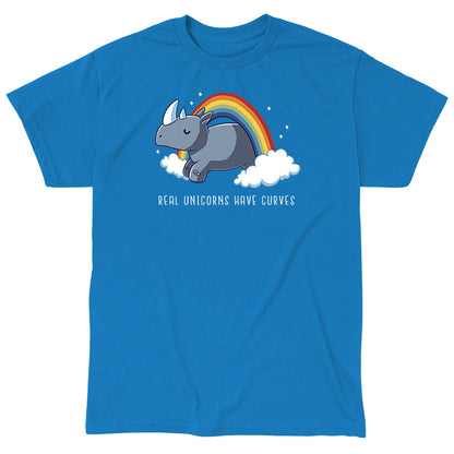 Classic Cotton T-shirt_TeeTurtle sapphire blue Real Unicorns Have Curves. Featuring a rhinoceros jumping through a rainbow arc.