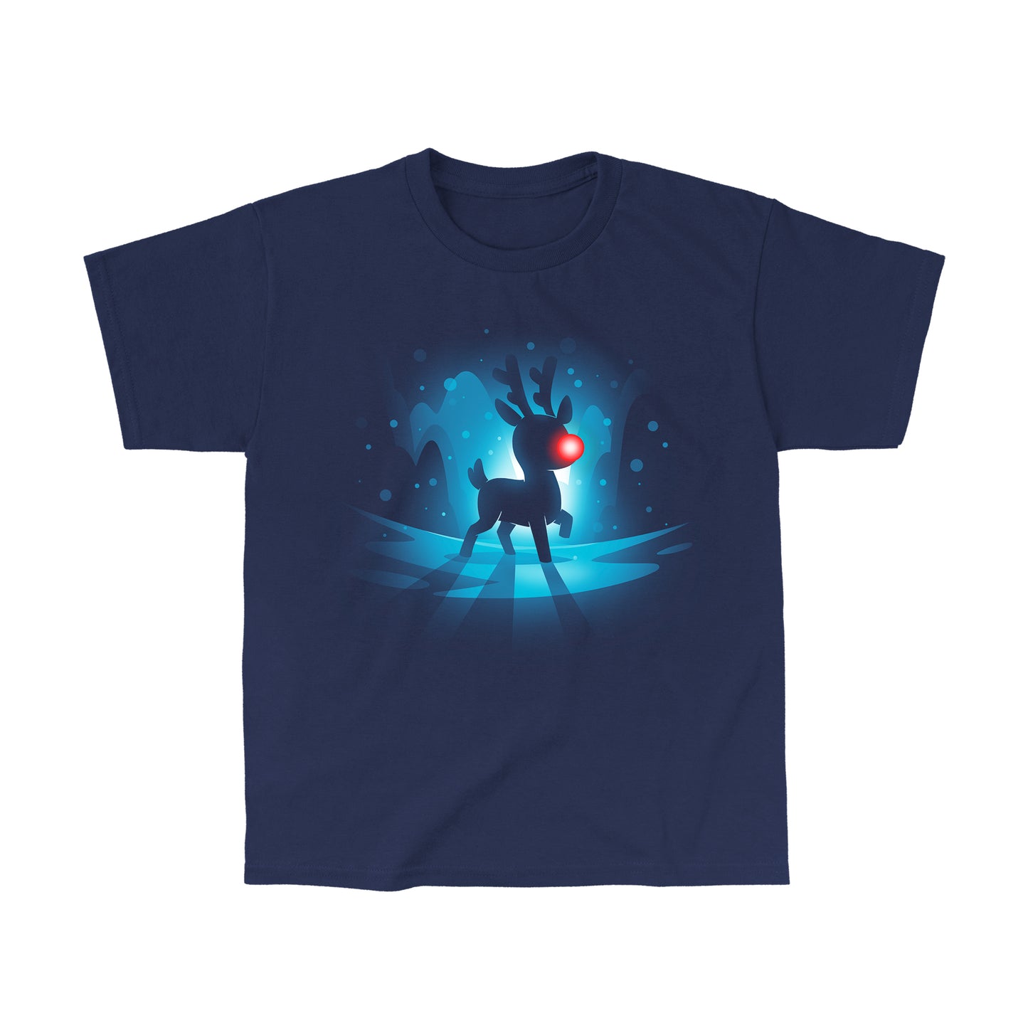 Classic Cotton T-shirt_TeeTurtle Red-Nosed Reindeer navy blue t-shirt featuring a silhouette of a reindeer with a glowing red nose, standing on a reflective surface with a blue, snowy Christmas background.