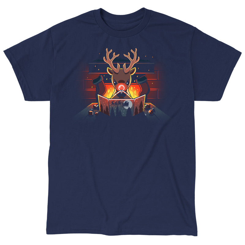 Classic Cotton T-shirt_TeeTurtle Reindeer Game Master navy blue t-shirt featuring a reindeer in a tabletop game christmas scene. The reindeer glowing red nose debating their next game move with dice around the table, in front of a bright fire and stockings hung on the chimney. 