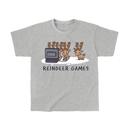 Classic Cotton T-shirt_TeeTurtle Reindeer Games heather gray t-shirt featuring Christmas reindeer playing video games