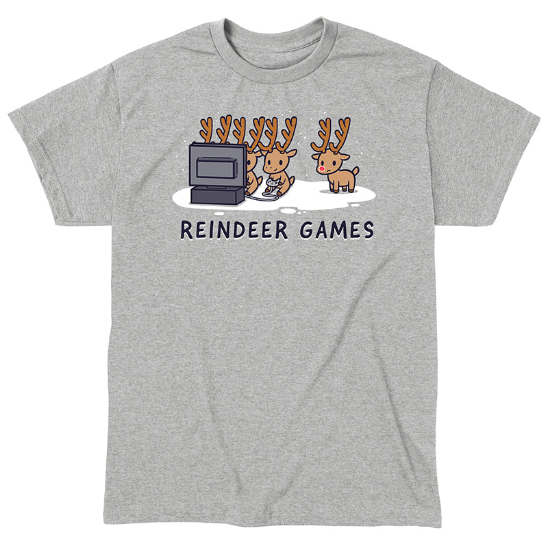 Classic Cotton T-shirt_TeeTurtle Reindeer Games heather gray t-shirt featuring Christmas reindeer playing video games