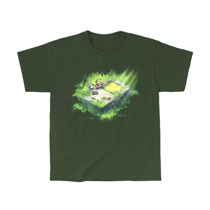 Classic Cotton T-shirt_TeeTurtle forest green Relics of the Past apparel featuring a panda and a bunny wearing explorer outfits climbing over a gigantic handheld video gaming device that’s overgrown with plants in a jungle.