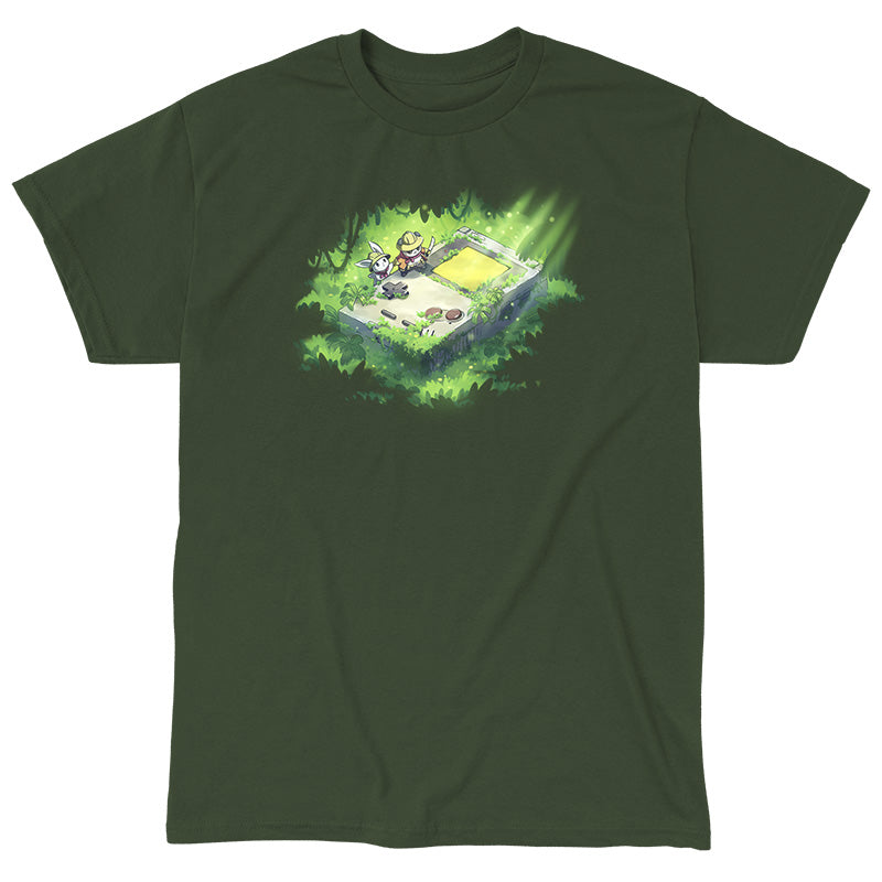 Classic Cotton T-shirt_TeeTurtle forest green Relics of the Past apparel featuring a panda and a bunny wearing explorer outfits climbing over a gigantic handheld video gaming device that’s overgrown with plants in a jungle.