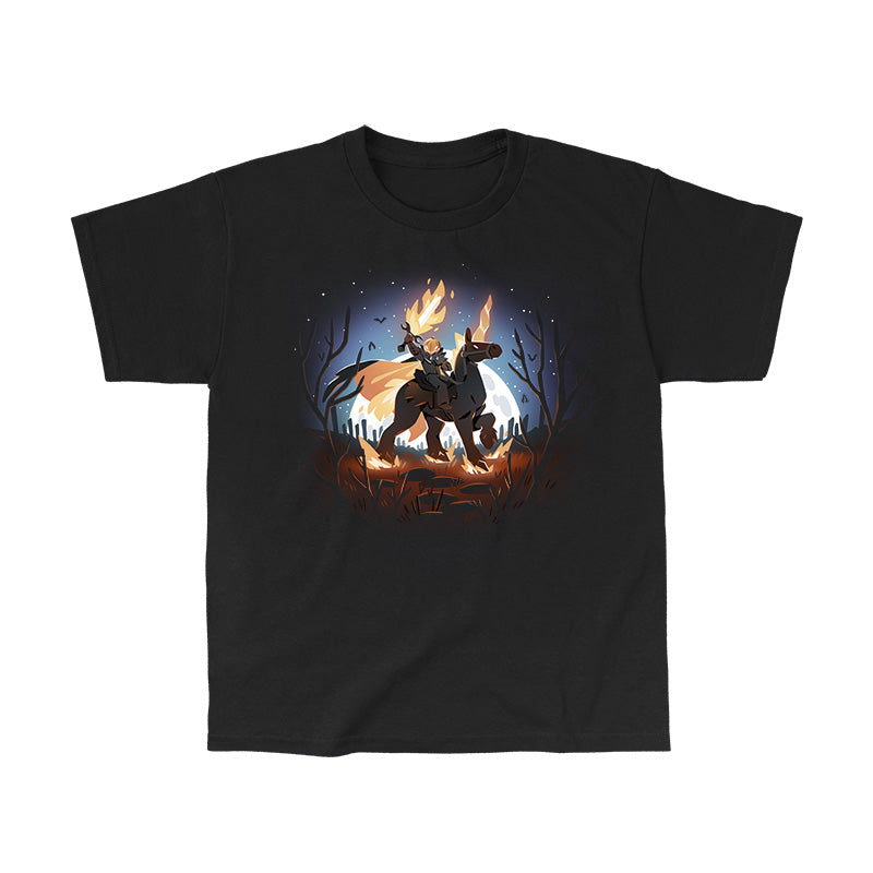 Classic Cotton T-shirt_TeeTurtle black Return of the Halloween Knight featuring a knight with a pumpkin head and flaming sword riding a horse in a spooky forest.