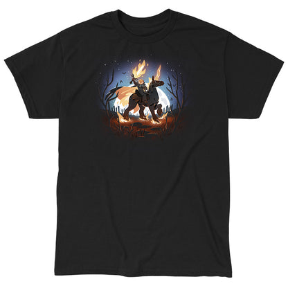 Classic Cotton T-shirt_TeeTurtle black Return of the Halloween Knight featuring a knight with a pumpkin head and flaming sword riding a horse in a spooky forest.