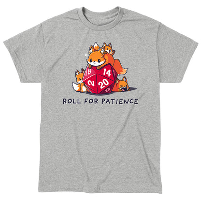 Classic Cotton T-shirt_TeeTurtle Roll for Patience heather gray t-shirt featuring one large orange fox looking worn out and three smaller foxes playing around a red 20-sided tabletop gaming die with "ROLL FOR PATIENCE" written below.