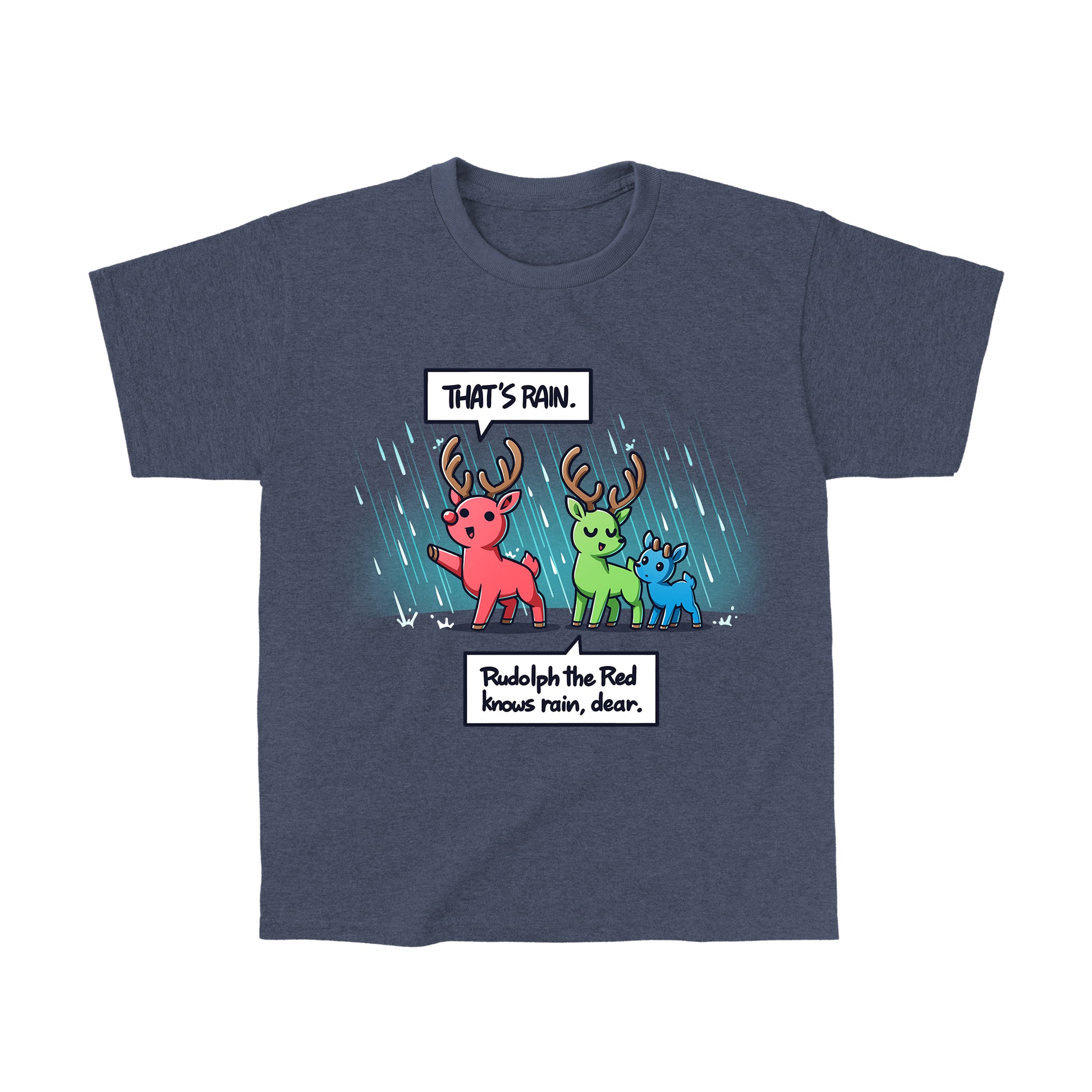 Classic Cotton T-shirt_TeeTurtle heather navy Rudolph The Red Knows Rain, Dear apparel featuring a red deer, green deer, and blue deer in the rain with the red deer pointing out the rain.