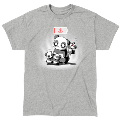 Classic Cotton T-shirt_TeeTurtle Running on Empty heather gray t-shirt featuring a cartoon of a parent panda with two cubs fighting in front of the parent and one cub hanging from the parent's ear with a low battery icon overhead.