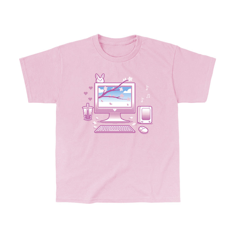 Classic Cotton T-shirt_TeeTurtle Sakura Setup light pink t-shirt featuring pixel art of a desktop computer setup in pink hues. The screen displays cherry blossoms and blue sky. A bubble tea, bunny, and musical notes adorn the scene. A keyboard and mouse are positioned below.