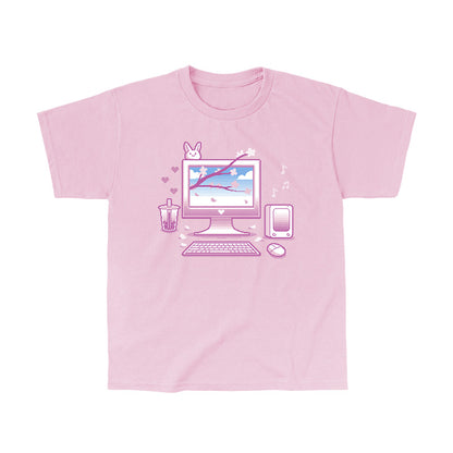 Classic Cotton T-shirt_TeeTurtle Sakura Setup light pink t-shirt featuring pixel art of a desktop computer setup in pink hues. The screen displays cherry blossoms and blue sky. A bubble tea, bunny, and musical notes adorn the scene. A keyboard and mouse are positioned below.