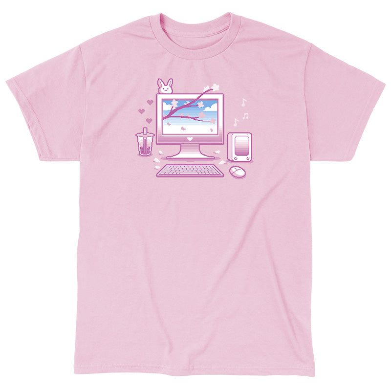 Classic Cotton T-shirt_TeeTurtle Sakura Setup light pink t-shirt featuring pixel art of a desktop computer setup in pink hues. The screen displays cherry blossoms and blue sky. A bubble tea, bunny, and musical notes adorn the scene. A keyboard and mouse are positioned below.