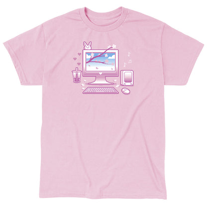 Classic Cotton T-shirt_TeeTurtle Sakura Setup light pink t-shirt featuring pixel art of a desktop computer setup in pink hues. The screen displays cherry blossoms and blue sky. A bubble tea, bunny, and musical notes adorn the scene. A keyboard and mouse are positioned below.