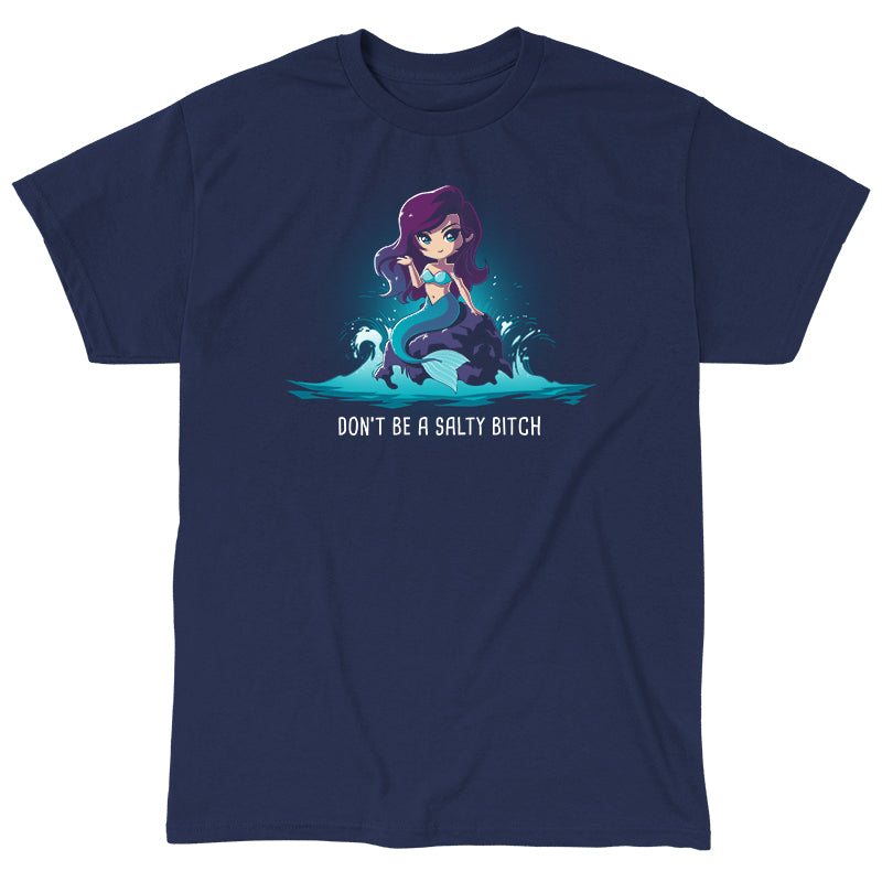 Classic Cotton T-shirt_TeeTurtle Salty Beach navy blue t-shirt featuring a magical purple-haired mermaid with a teal tail sitting on a rock in the ocean, with the pun "Don't be a Salty Beach" at the bottom.