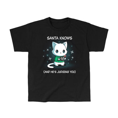 Classic Cotton T-shirt_TeeTurtle black Santa Knows apparel featuring a cat with a deadpan expression holding mug with hot chocolate, marshmallows, and a candy cane surrounded by snowflakes, with the caption, “Santa Knows (And He’s Judging You)“.