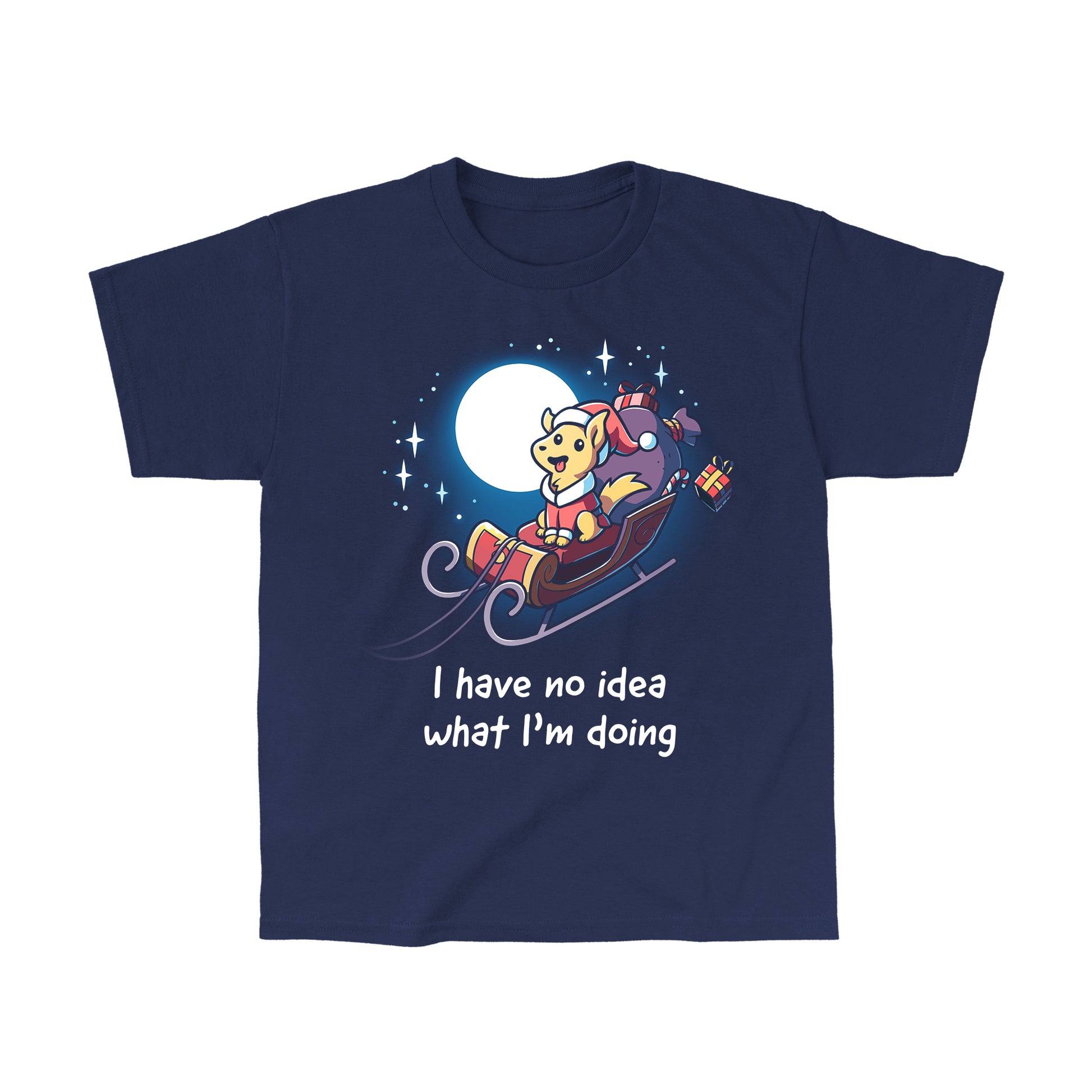 Classic Cotton T-shirt_TeeTurtle navy blue Santa Paws apparel featuring a dog dressed as Santa riding in a sleigh in the moonlit sky with presents flying off, and the caption, "I Have No Idea What I'm Doing".