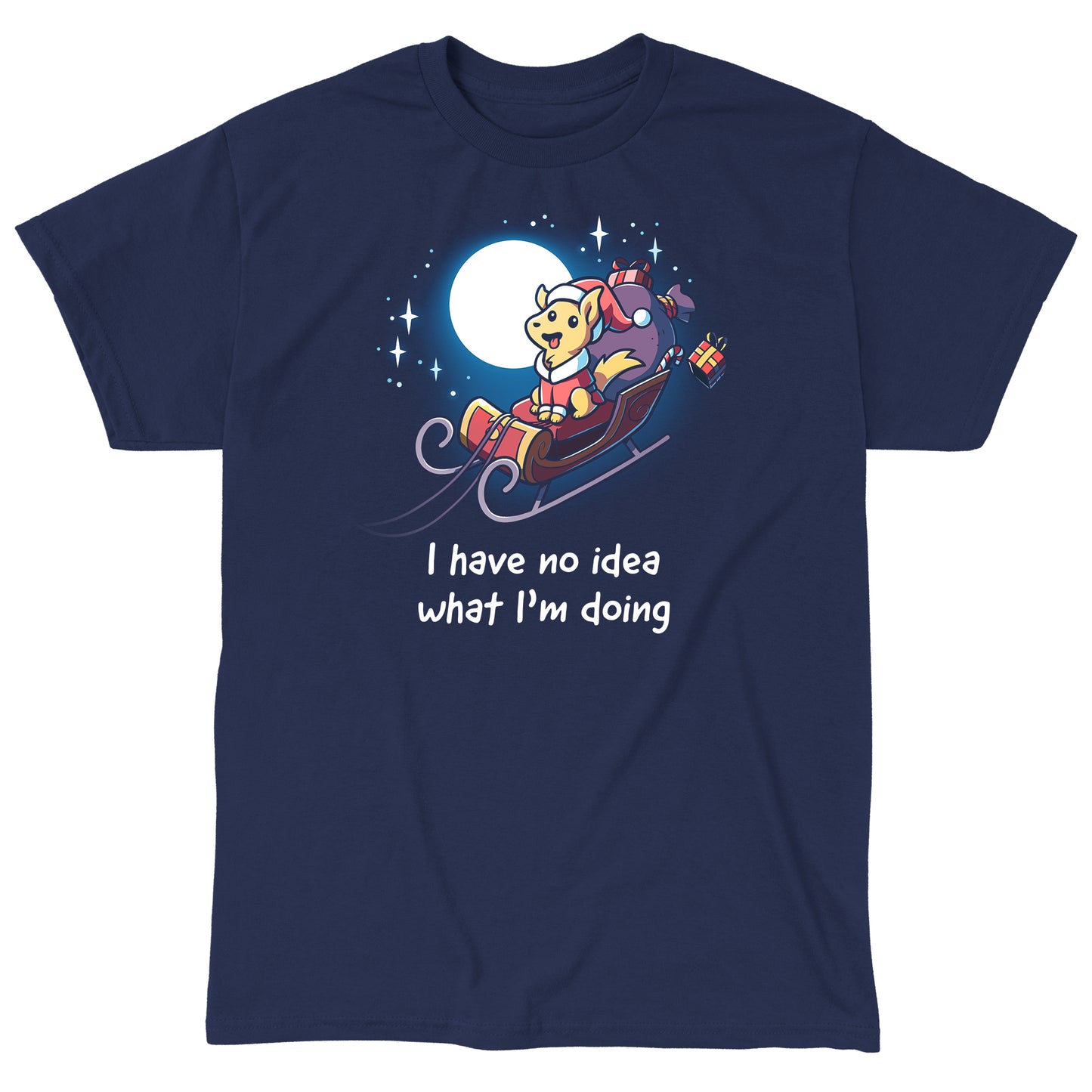 Classic Cotton T-shirt_TeeTurtle navy blue Santa Paws apparel featuring a dog dressed as Santa riding in a sleigh in the moonlit sky with presents flying off, and the caption, "I Have No Idea What I'm Doing".
